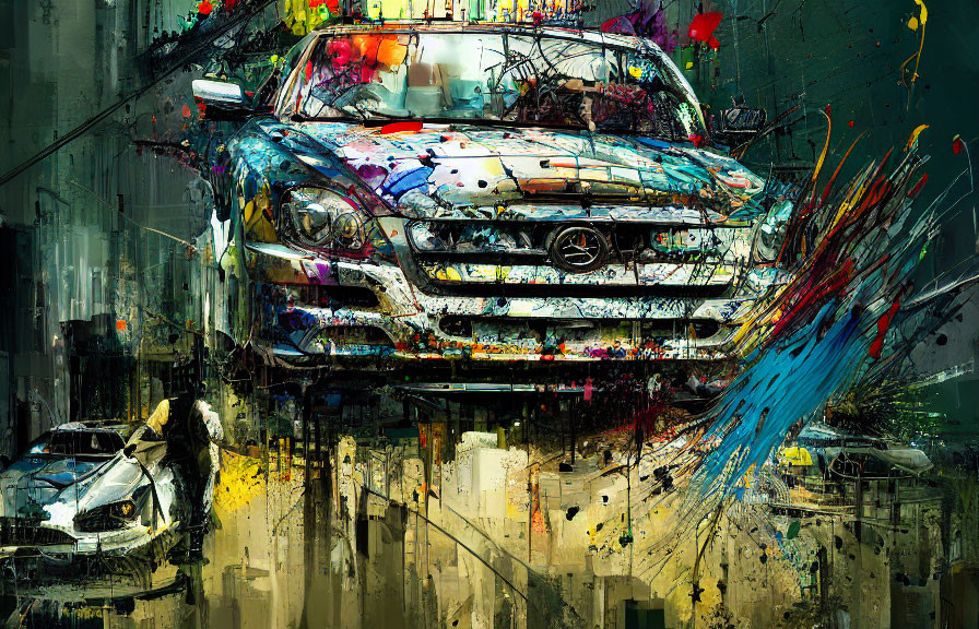 Colorful Paint Splattered Mercedes-Benz in Chaotic Urban Art Scene