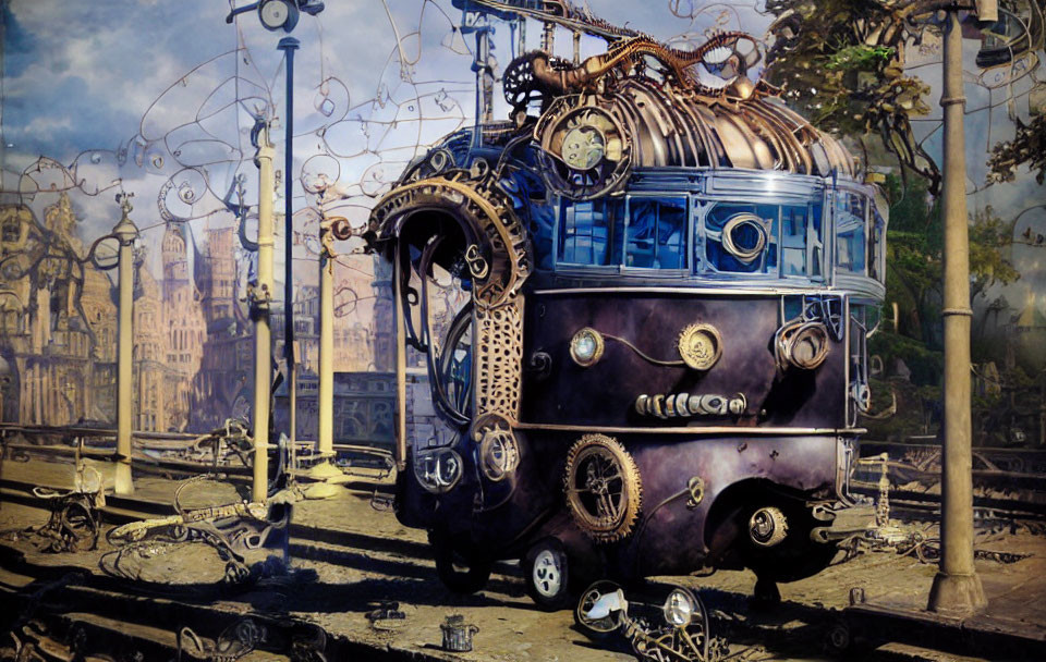 Steampunk train with ornate metalwork in retro-futuristic cityscape