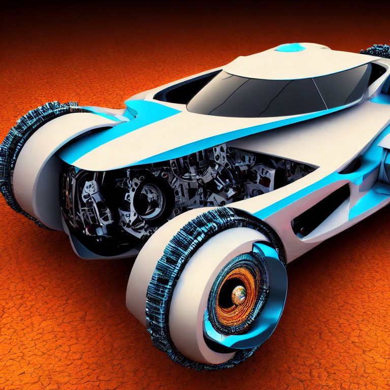 Futuristic white and blue vehicle with exposed mechanical details on textured orange surface