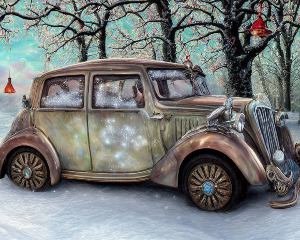 Vintage Car with Intricate Designs in Snowy Landscape with Bare Trees