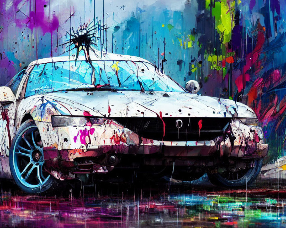 Abstract splattered-paint car with turquoise wheels in colorful cityscape