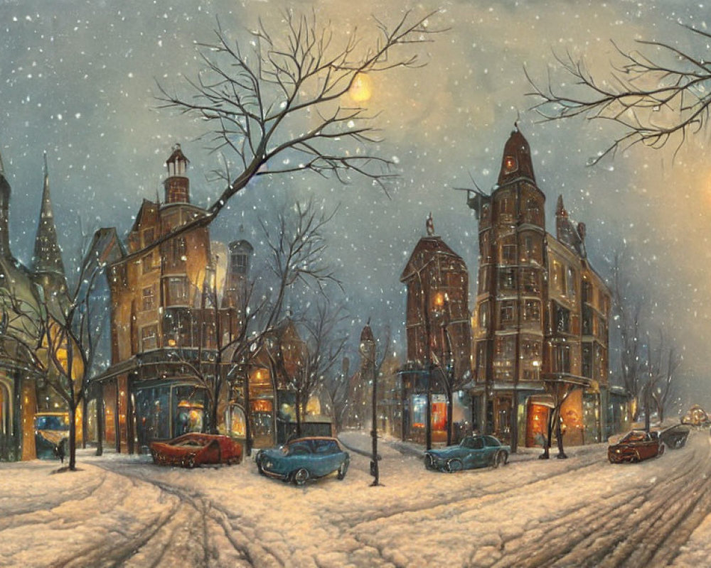 Victorian-style buildings in snowy evening cityscape