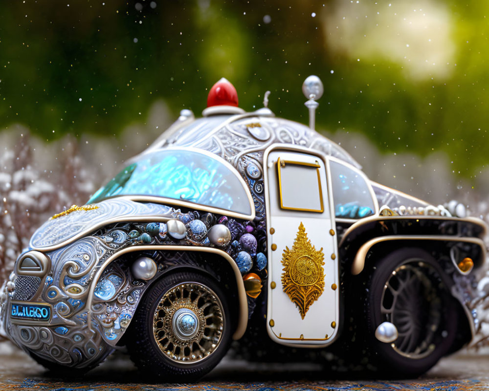 Ornate Toy Car with Gemstones and Festive Hat on Wintry Background