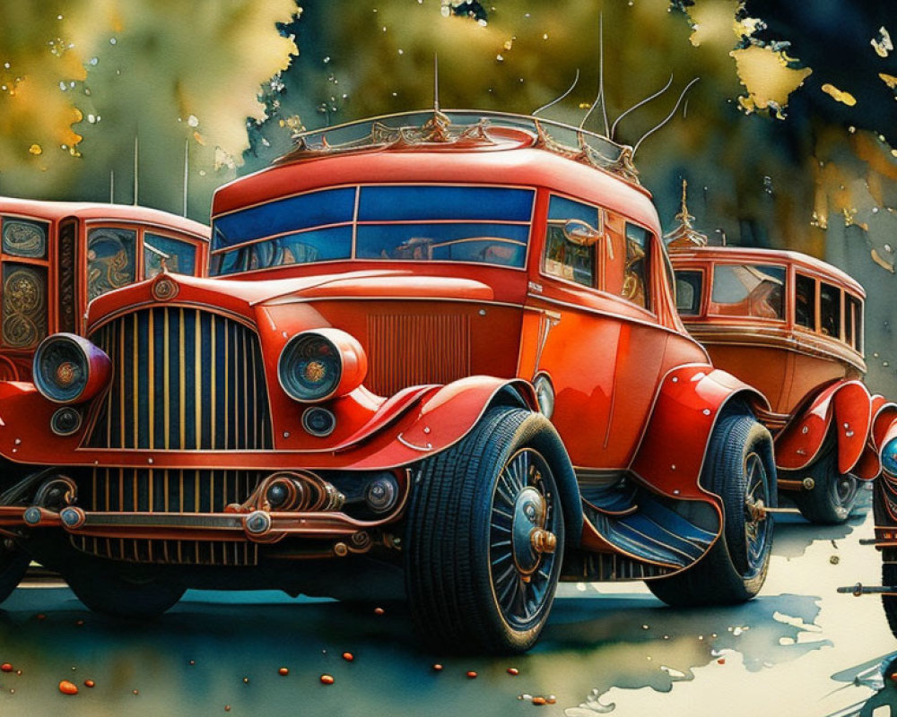 Classic Red Cars with Wood Paneling in Autumn Setting