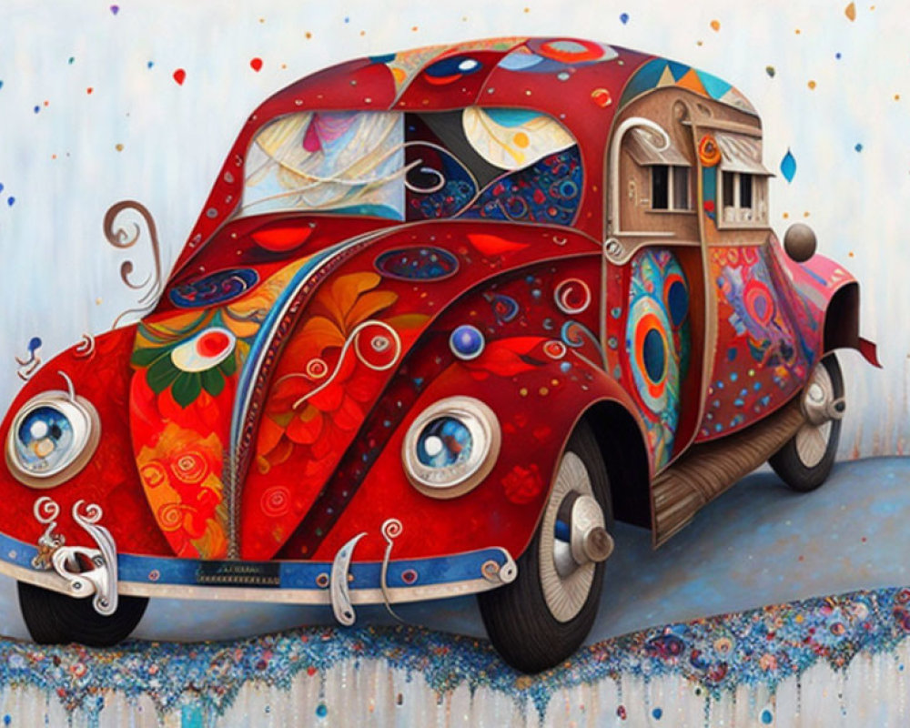 Whimsical illustration of vibrant Volkswagon Beetle house