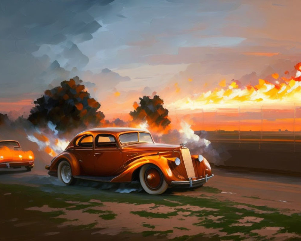 Vintage Cars Racing at Sunset with Dramatic Clouds and Flames