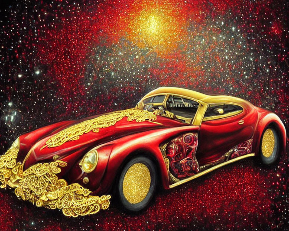 Red Classic Car with Gold Detailing on Space-themed Background