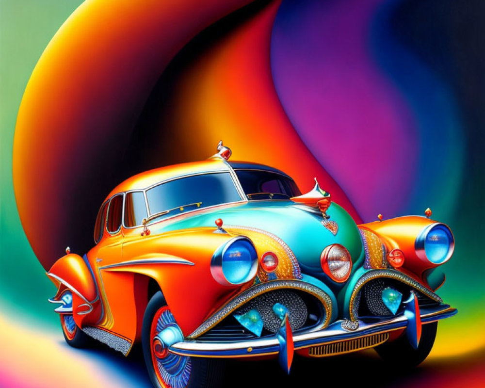 Colorful Surrealist Painting of Exaggerated Classic Car