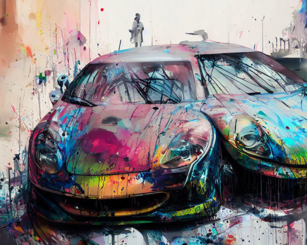 Vibrant splatter-painted sports cars with person in abstract background