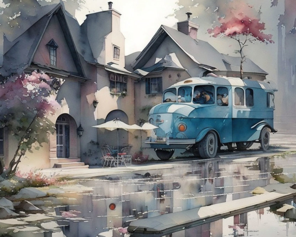 Vintage Blue Bus Parked in Front of Quaint House with Blossoming Trees