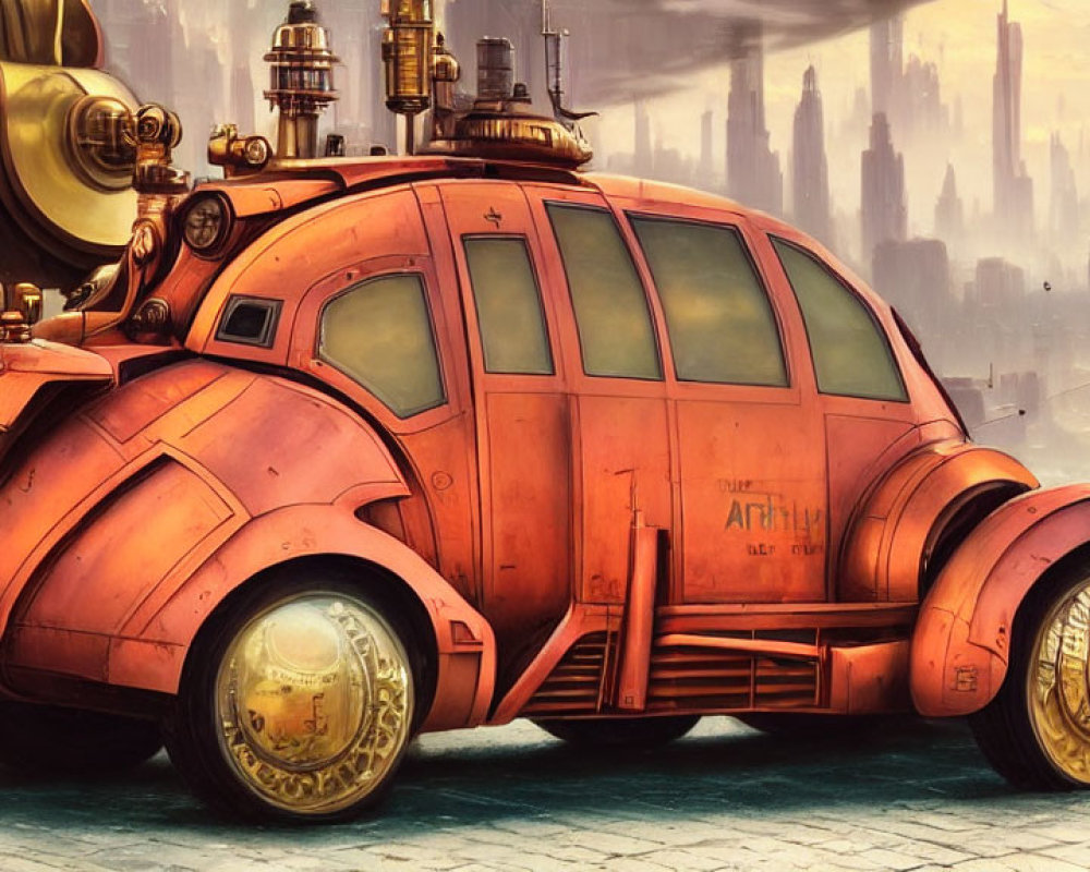 Retro-futuristic Orange Vehicle with Steampunk Design in Industrial Cityscape