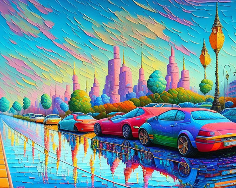 Futuristic cityscape painting with pastel buildings and colorful cars