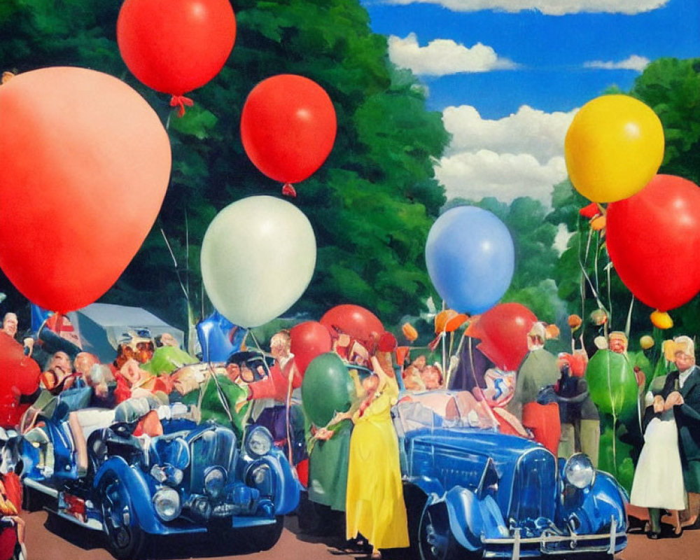 Elegant outdoor event with formal attire, colorful balloons, and vintage cars