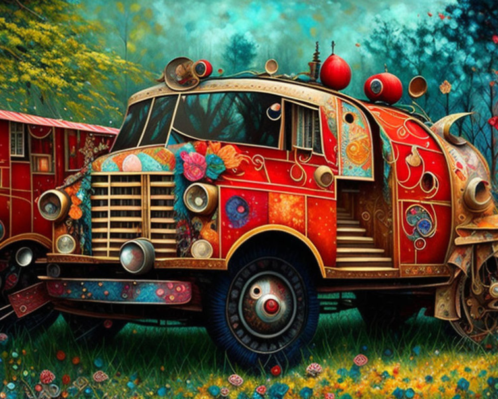 Vibrant fantasy caravan truck in lush enchanted forest