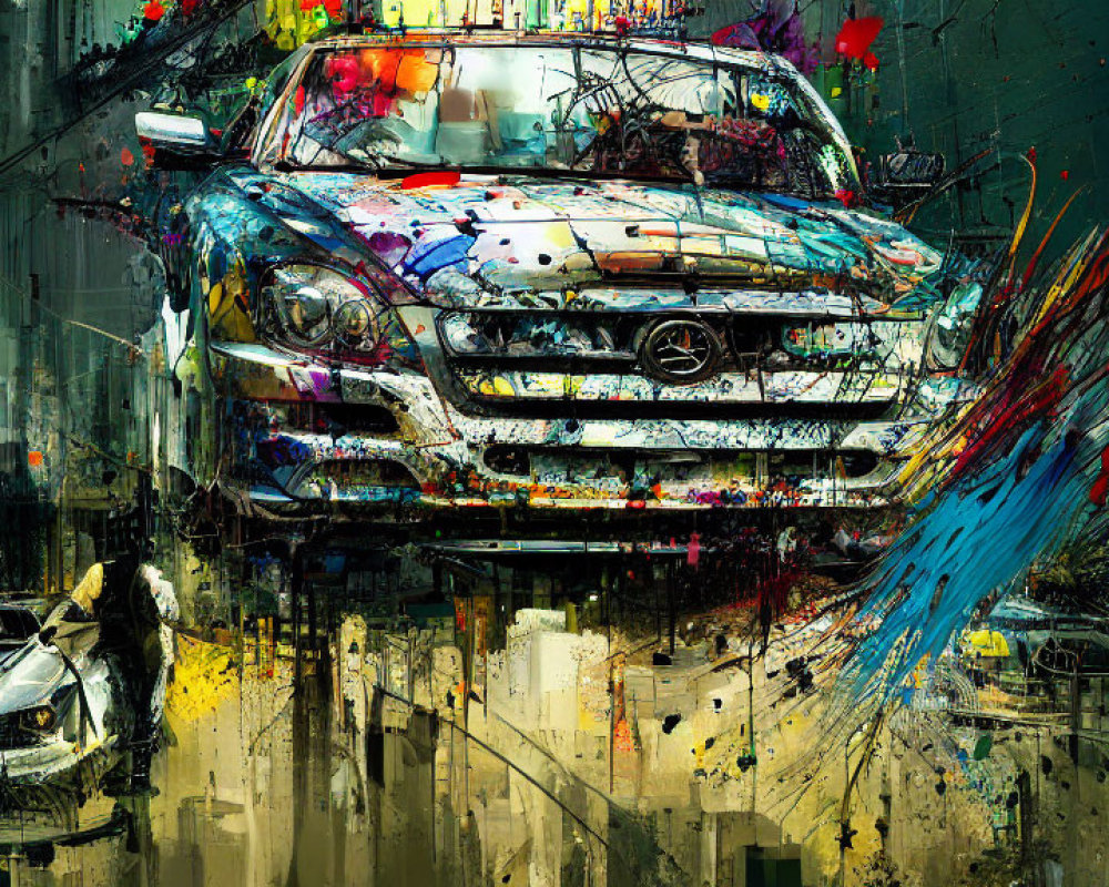 Colorful Paint Splattered Mercedes-Benz in Chaotic Urban Art Scene