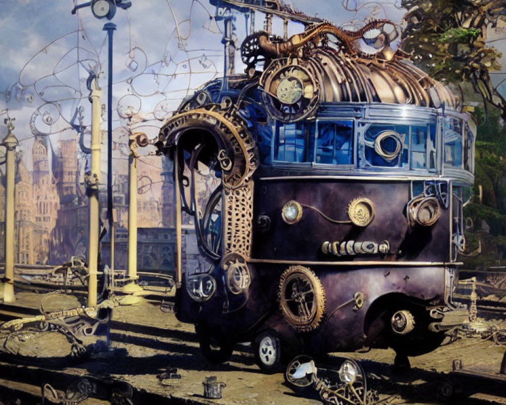 Steampunk train with ornate metalwork in retro-futuristic cityscape