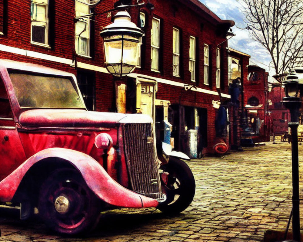 Vintage car on cobblestone street with red brick buildings - old-time atmosphere