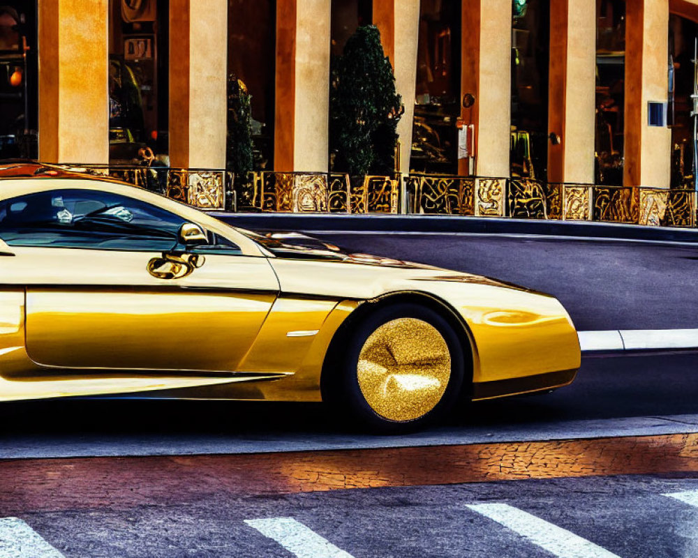 Luxury golden car passing ornate urban building with columns and balustrades