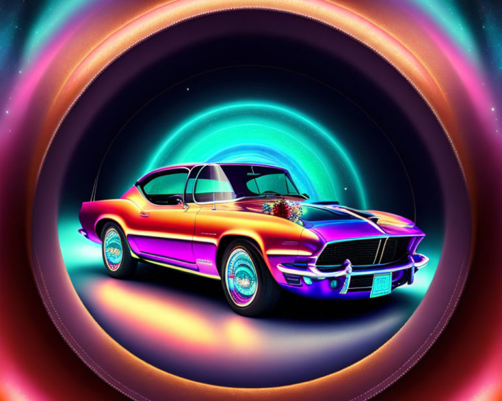 Colorful digital artwork: Classic Mustang car in psychedelic space.