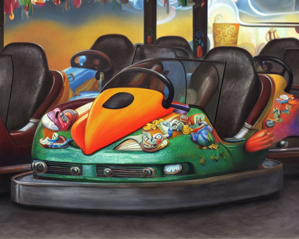 Vibrant indoor amusement park bumper cars with green and orange focus