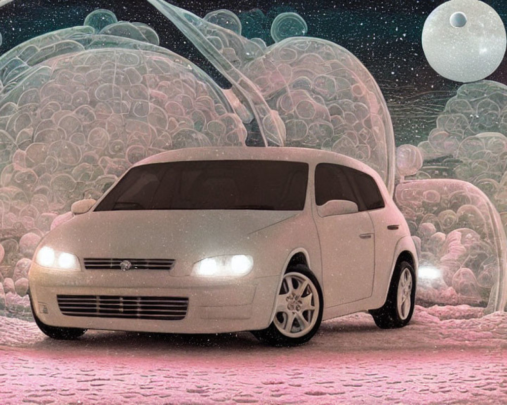 Silver Car on Surreal Pink Terrain with Moons and Bubbles in Starry Sky