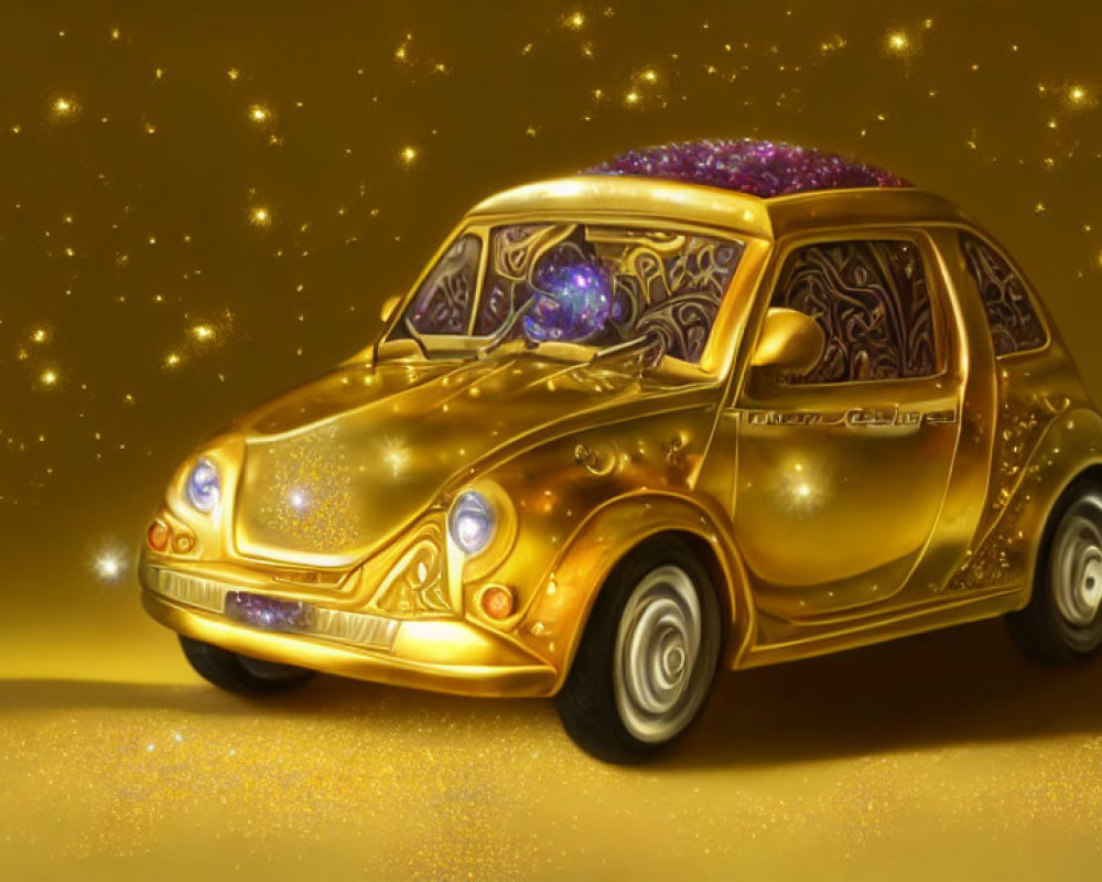 Golden Fantasy-Themed Car with Purple Interior on Starry Background