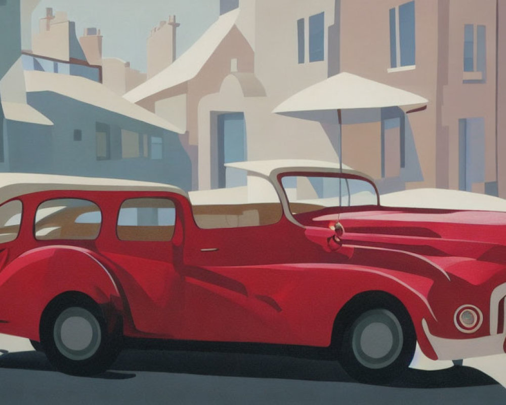 Vintage Red Car on Stylized Street with White Umbrellas