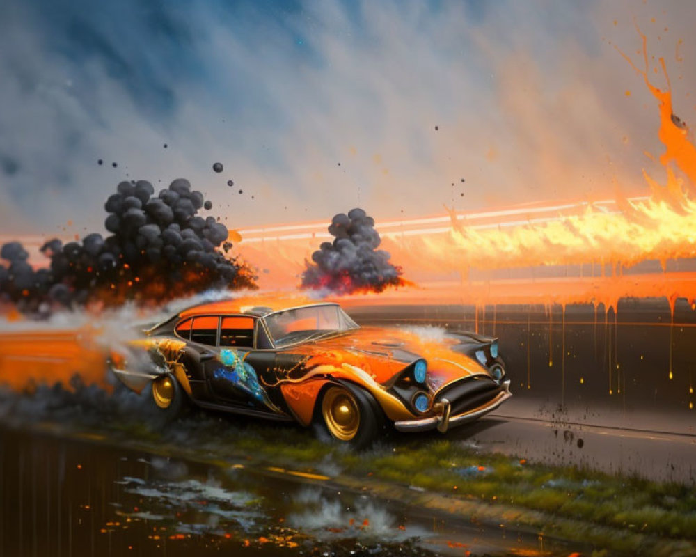 Vintage car racing amidst explosions and smoke in dramatic scene