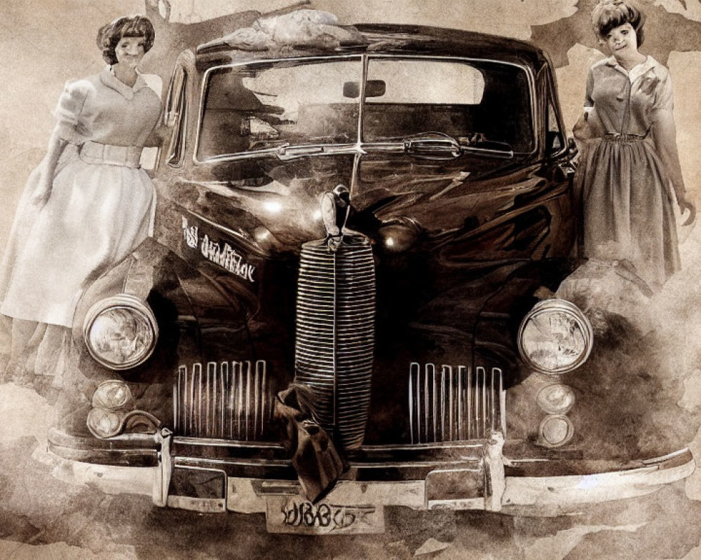 Vintage-Style Image: Classic Car with Women in Period Dresses