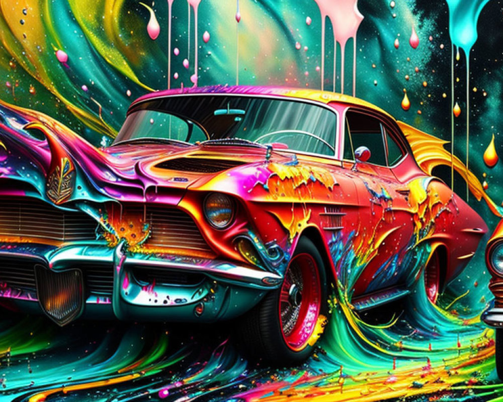 Colorful psychedelic artwork of classic car with swirling, melting colors