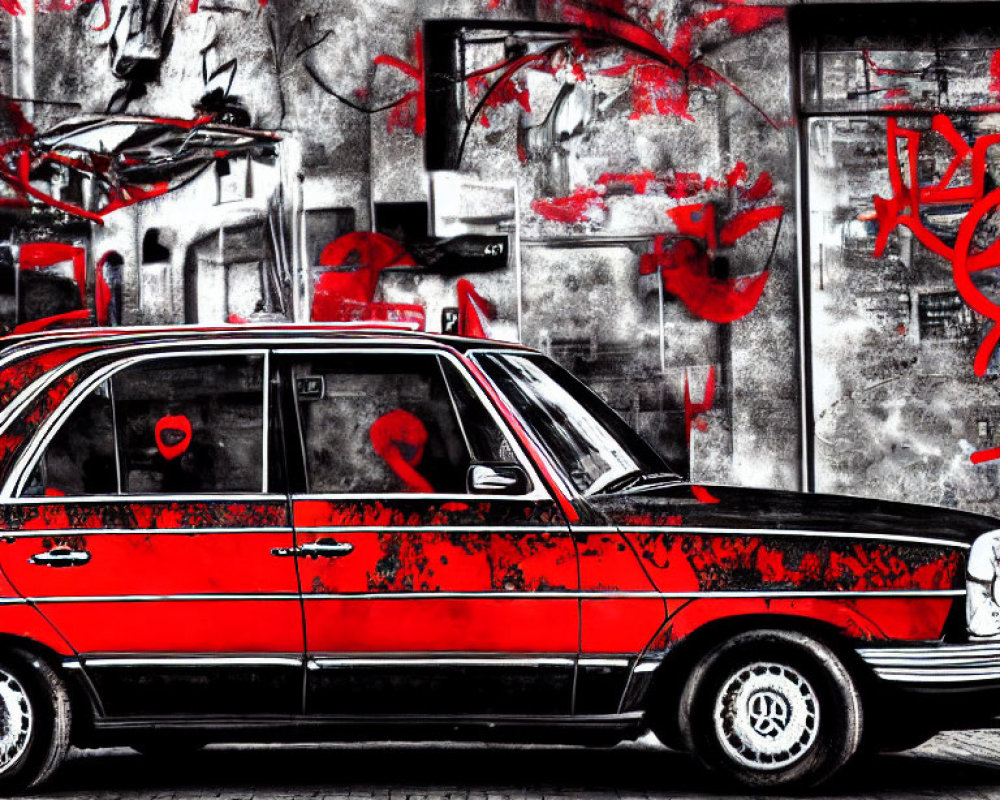 Vintage Red and Black Car Parked in Front of Abstract Red and Black Graffiti Wall