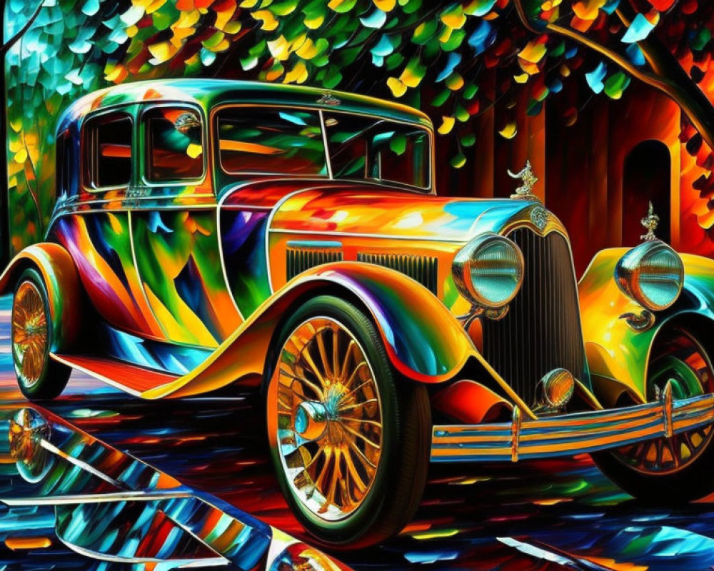 Vivid Rainbow-Colored Classic Car Artwork with Abstract Background