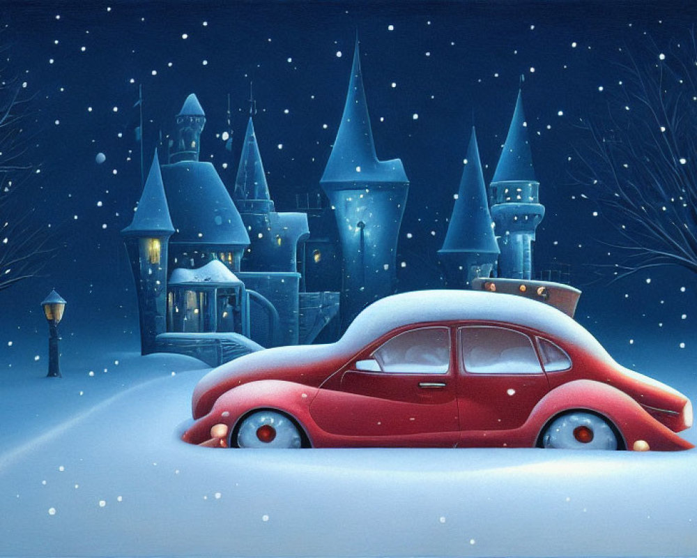 Vintage red car in snow-covered scene with illuminated castle at night