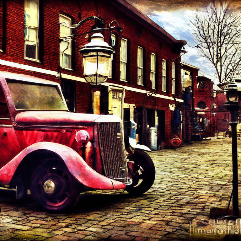 Vintage car on cobblestone street with red brick buildings - old-time atmosphere