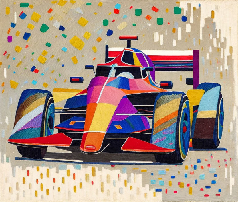 Vibrant abstract painting of racing car with geometric shapes