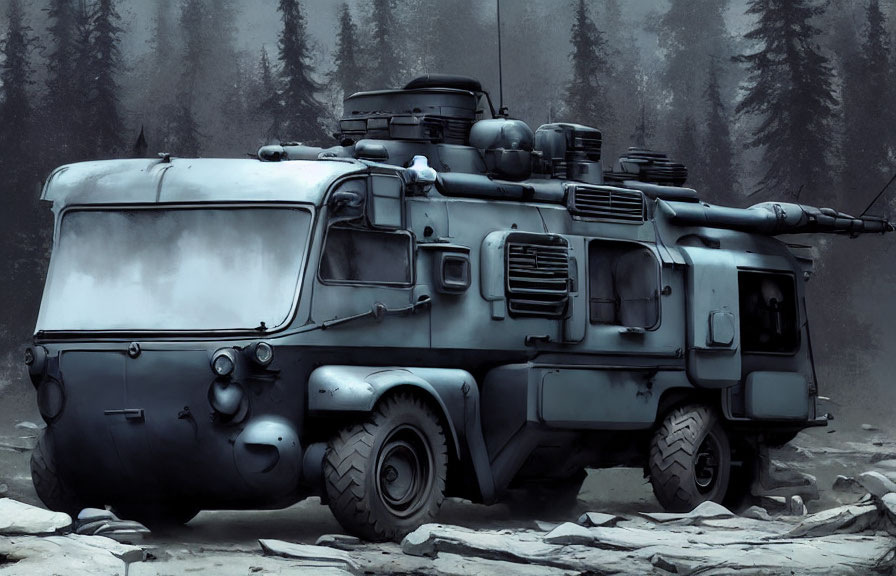 Armored military vehicle with turret and cannon in foggy forest terrain