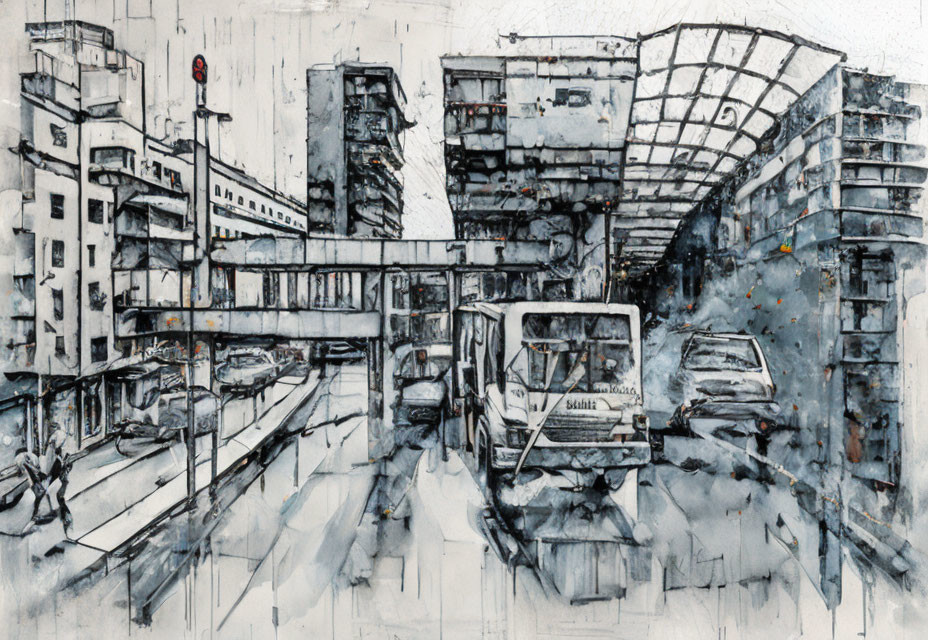 Monochrome urban cityscape sketch with tram and vehicles in blue-gray palette