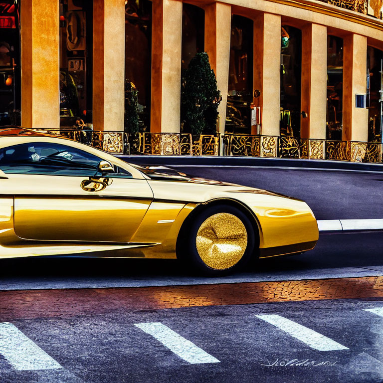 Luxury golden car passing ornate urban building with columns and balustrades