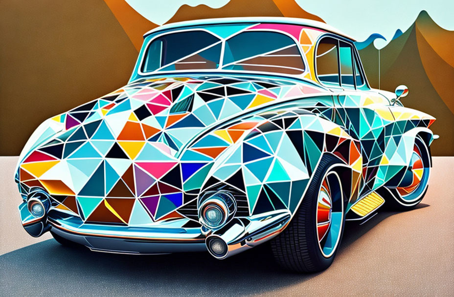 Classic Car Illustration with Vibrant Geometric Pattern on Abstract Landscape