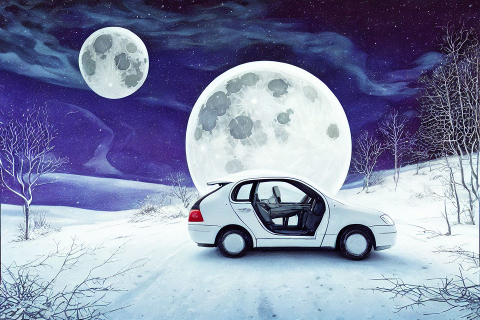 Car with open door on snowy road under starry sky with two moons