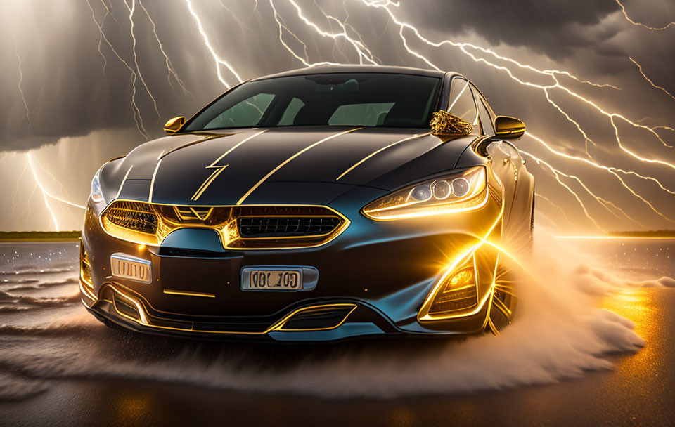 Glowing Edges and Lightning Graphics on Sleek Car in Thunderstorm