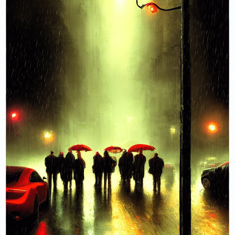 Group of People with Red Umbrellas Walking on Rainy Night Street