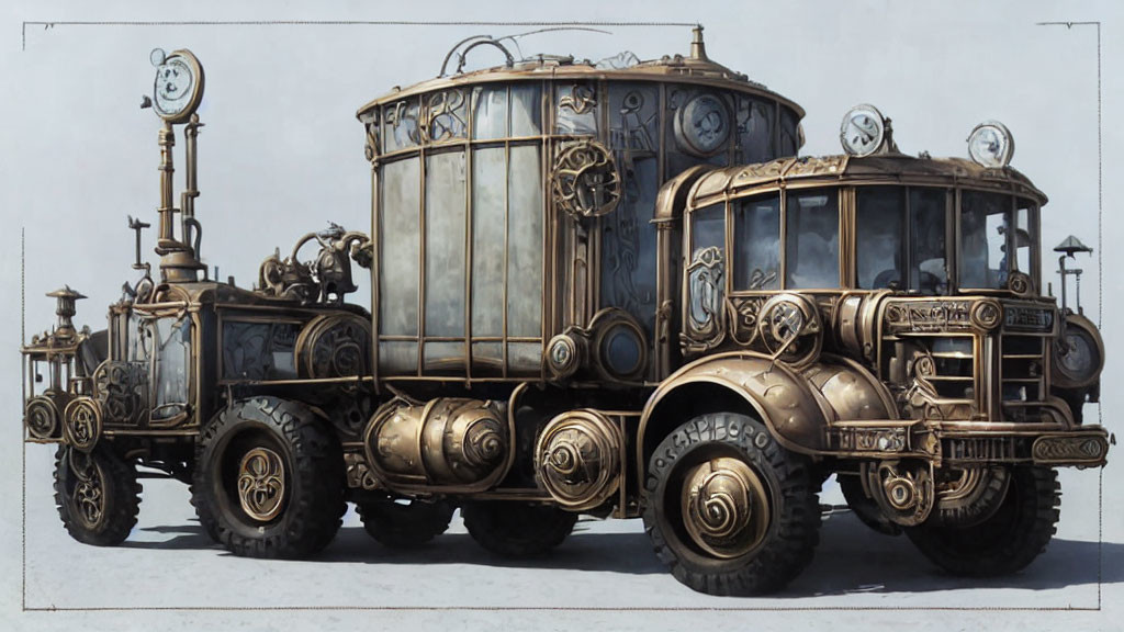 Ornate bronze-detailed steampunk vehicle with cylindrical trailer and classic cab