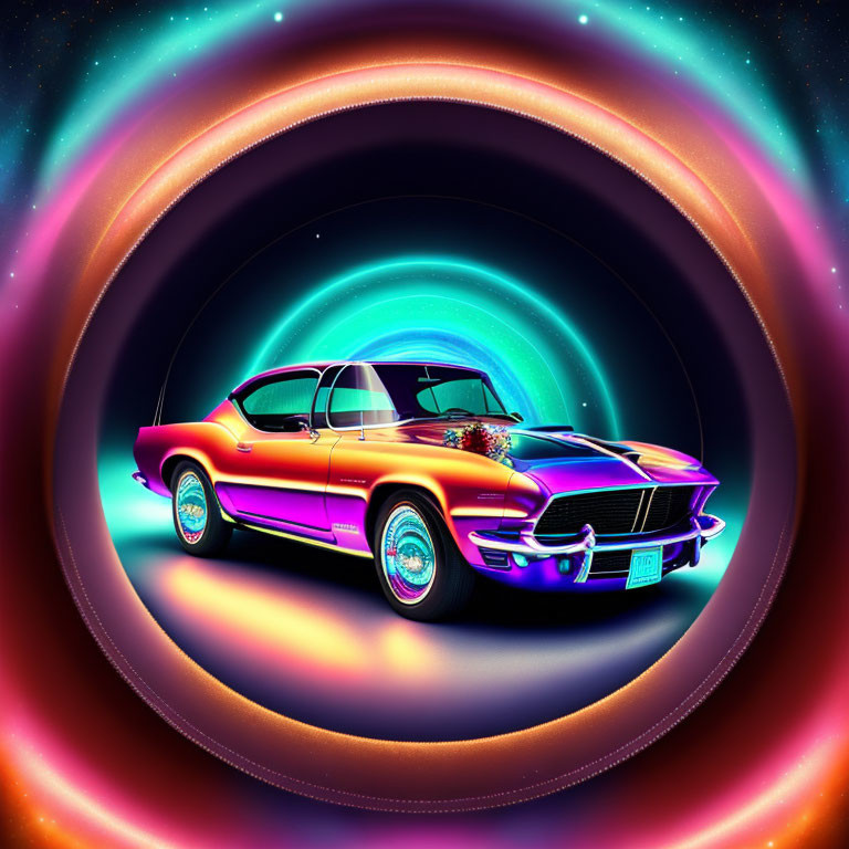 Colorful digital artwork: Classic Mustang car in psychedelic space.