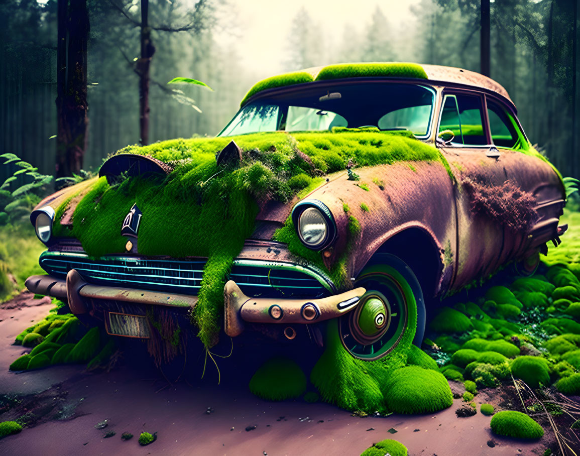 Abandoned car covered in moss in misty forest