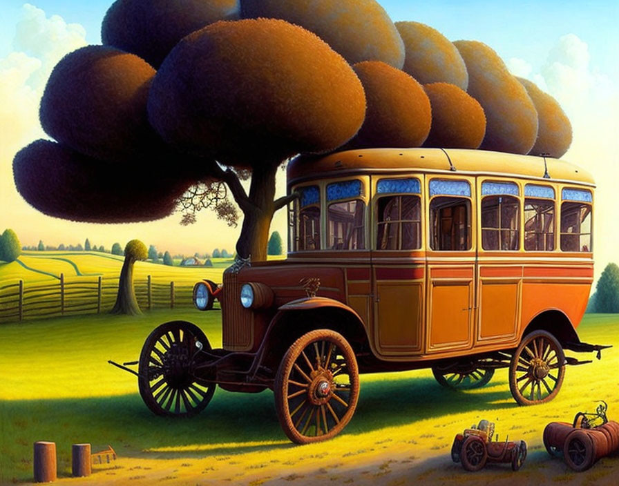 Vintage bus painting with oversized tree roots roof in surreal countryside scene