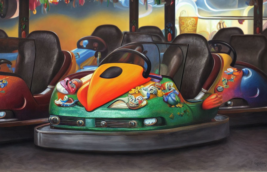 Vibrant indoor amusement park bumper cars with green and orange focus