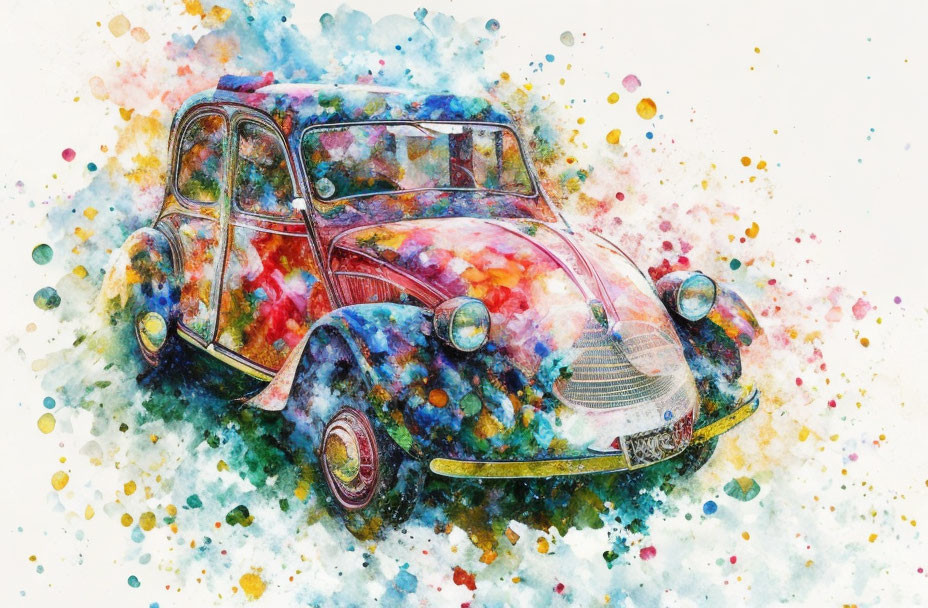 Colorful Watercolor Painting of Classic Car