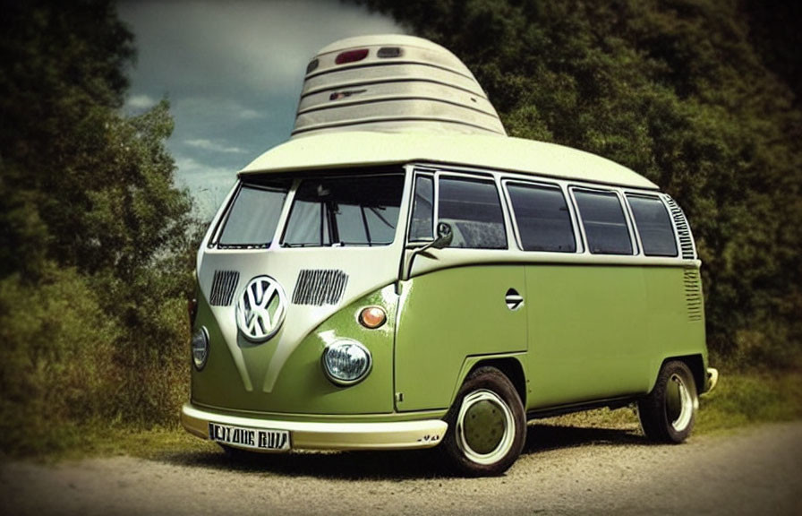 Vintage Green and White Volkswagen Bus in Nostalgic Setting