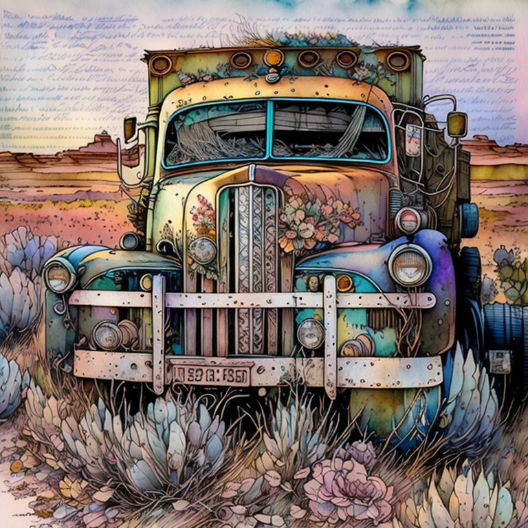 Vintage Truck Illustration with Colorful Patterns in Desert Setting